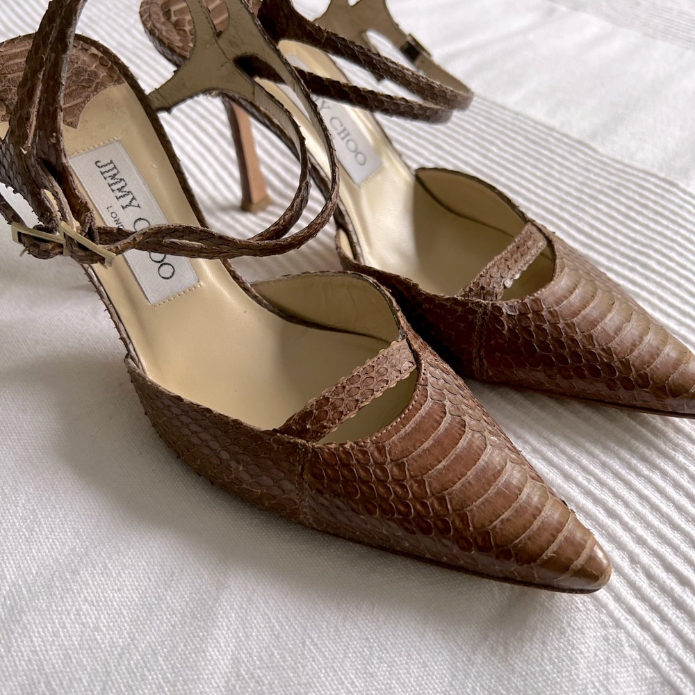 Jimmy Choo Brown snake skin sling-back pumps